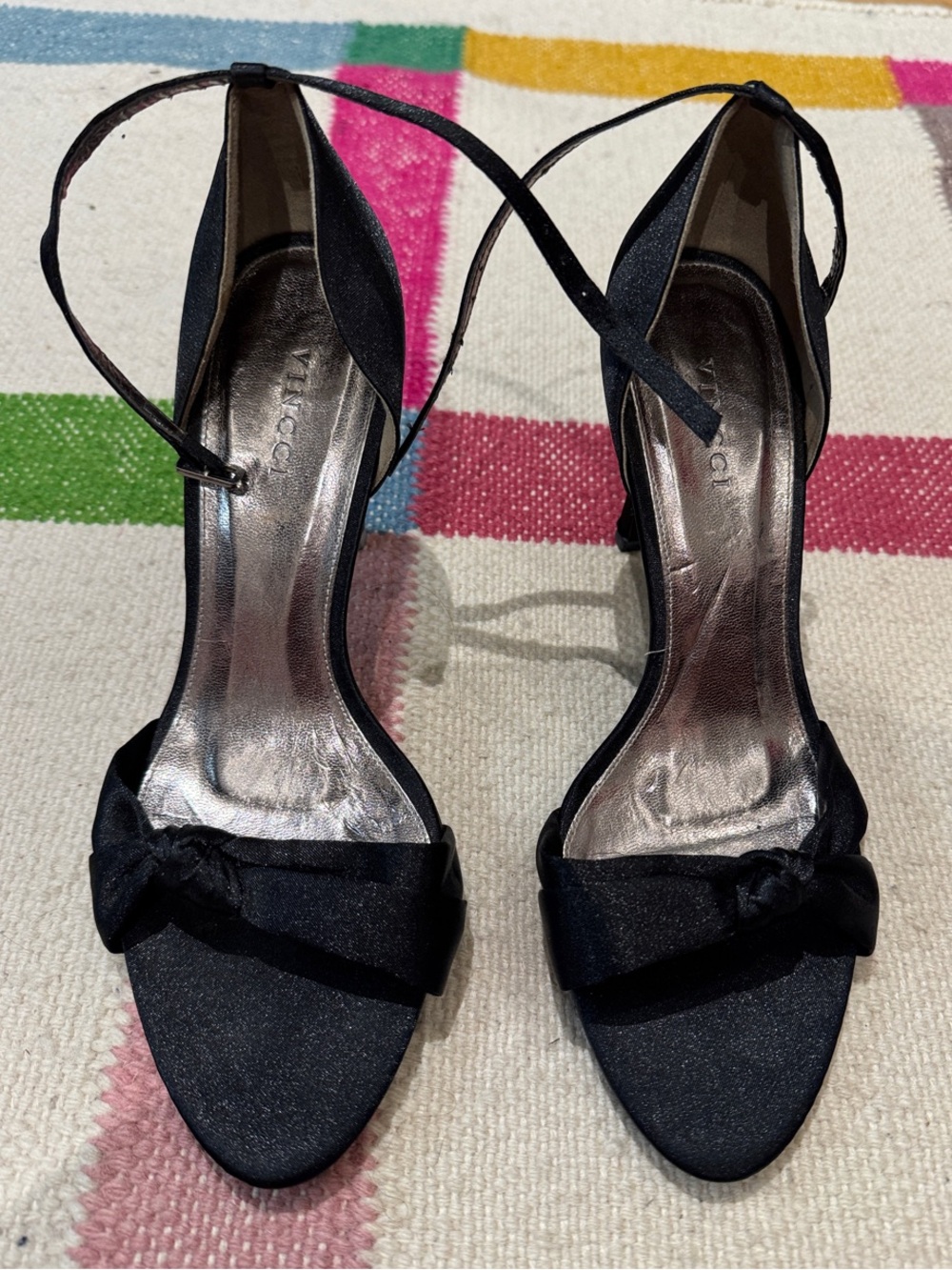 Black Satin Ankle-Strap Open-Toe Women's Heels with Bow - size 7 (fits like 7.5)